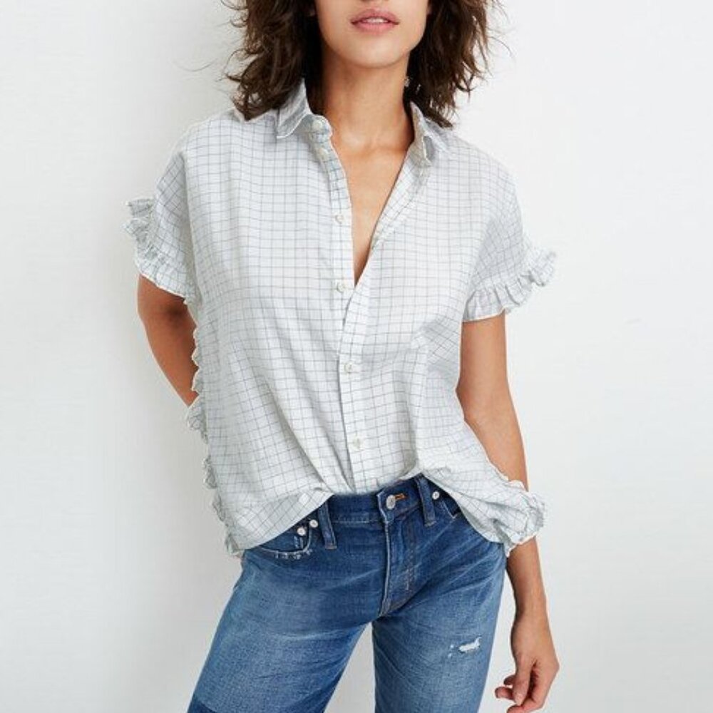 Madewell Windowpane Ruffle Side Blouse